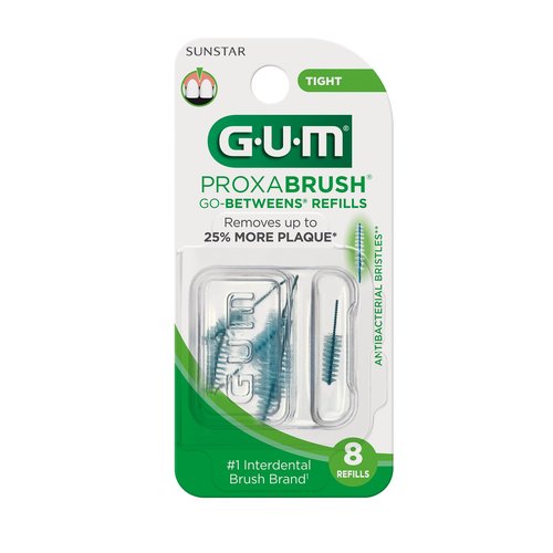 GUM Proxabrush Go-Betweens Refills - Tight - Compatible with GUM Permanent Handle -Reusable Interdental Brushes for Tight Teeth - Soft Bristled Dental Picks, 8 Count(Pack of 6)