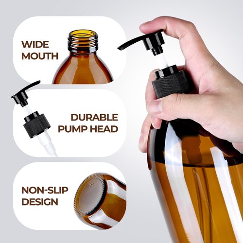 Homepicker 16 oz Amber Glass Soap Dispenser with Pump, Glass Pump Bottle for Lotion Body Oil, 500ml Hand and Dish Soap Dispensers Set with Storage Caps, Labels - 2 Pack