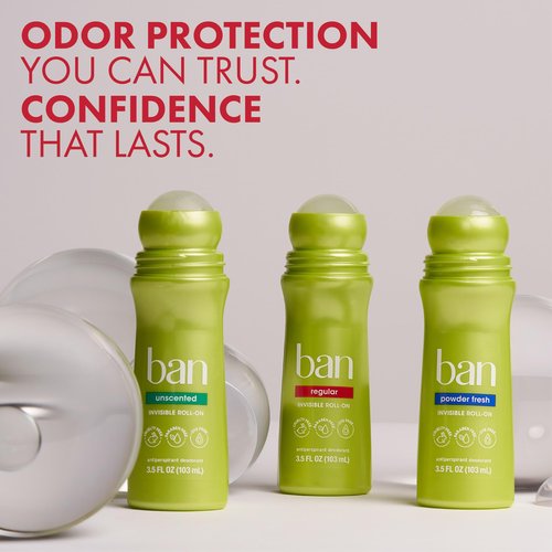 Ban Invisible Roll-on Antiperspirant Deodorant for Women and Men, 24-hour Underarm Odor & Sweat Protection, Regular Scent, 3.5 Oz, Pack of 4