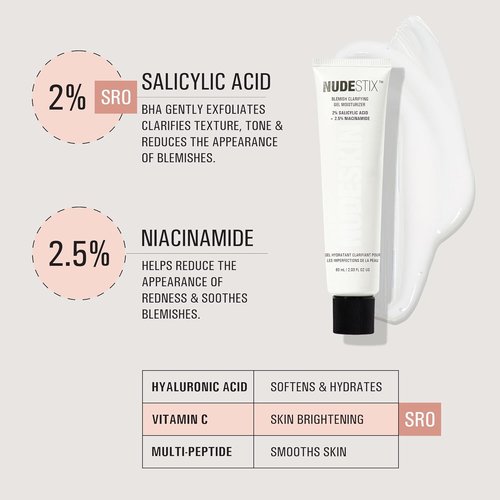 Nudestix Blemish Clarifying Gel Moisturizer - Lightweight Salicylic Acid Acne Treatment with Niacinamide & Cica | Hydrating Vegan Daily Face Moisturizer for Clear Skin
