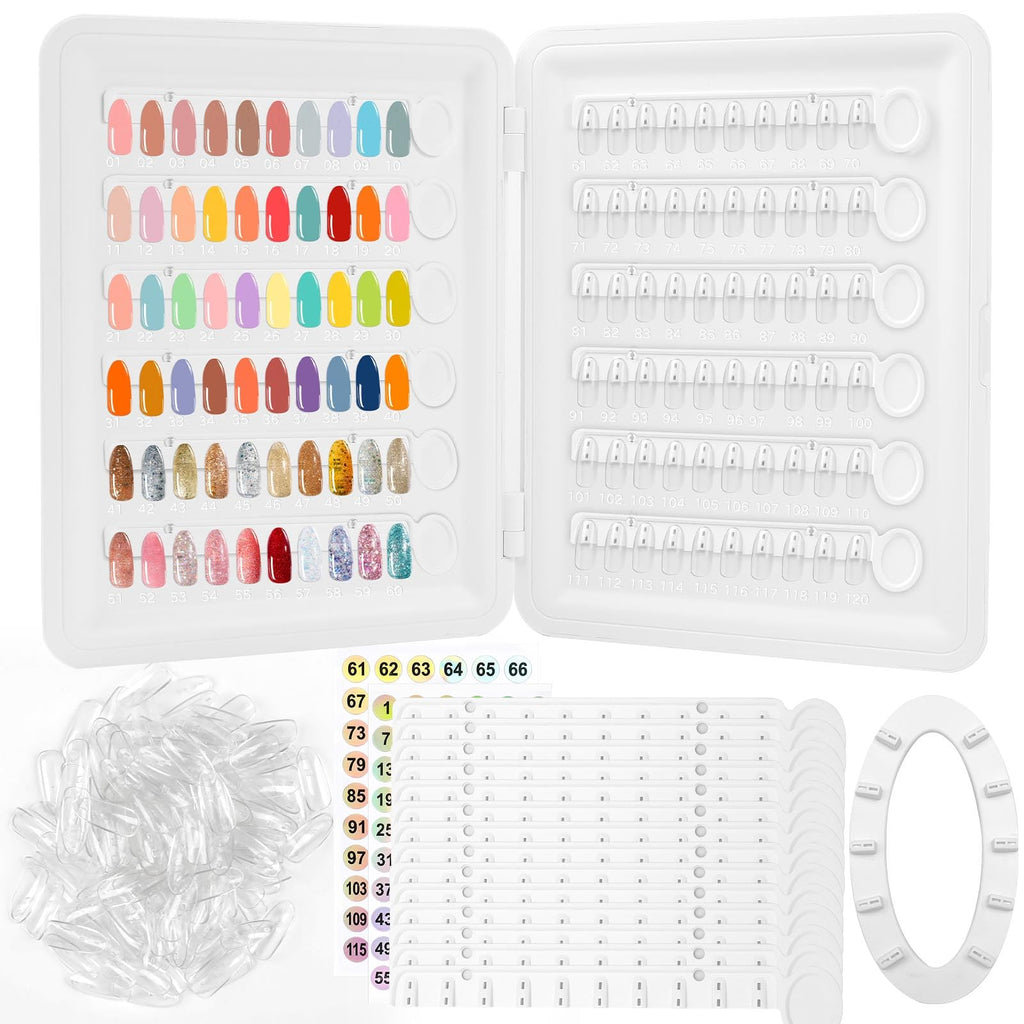 YINGJEE Nail Color Display Book Nail Swatch, 120 Colors Nail Polish Sample Display Book with Transparent Replacement Nails, Professional Nail Gel Color Card Book, No Need Pasting, No Need Glue