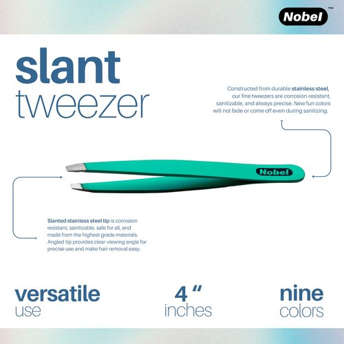 Nobelcrafts - Professional Stainless Steel Tweezers - Slanted Edge Tweezer For Eyebrows, Ingrown Hair, & Splinters (Teal)