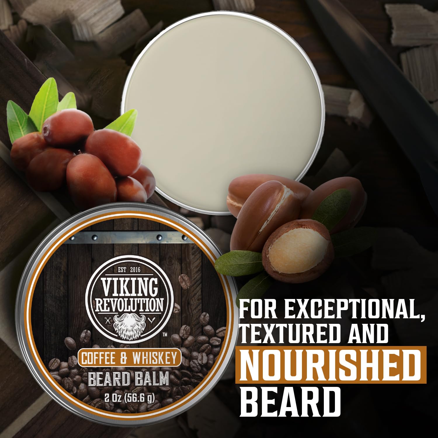 Viking Revolution Coffee Whiskey Beard Balm for Men - Beard Butter for Men with Argan Oil and Jojoba Oil Softener and Moisturizer Styling Balm (1 Pack, 2oz)