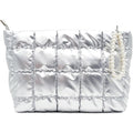 Beayuva Puffer Quilted Makeup Bag Travel Cosmetic Bag Portable Puffy Checkered Toiletry Pouch Skincare Organizer Purse Pencil Case (Silver)