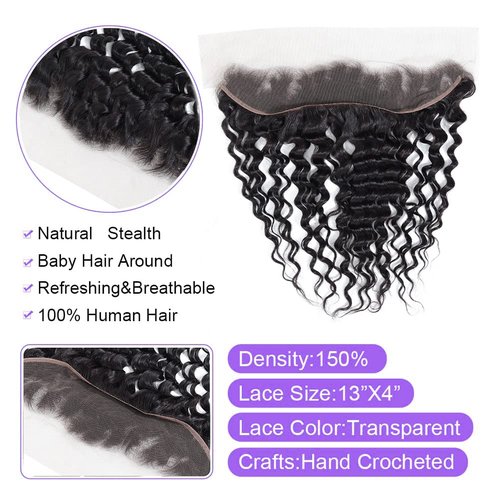 Deep Wave 13x4 Ear to Ear Transparent Lace Frontal Closure - Brazilian Virgin Human Hair Extensions, Deep Curly, Bleached Knots, Pre-Plucked With Baby Hair, Natural Color, 14 Inch