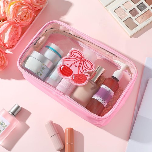 Kacctyen Pink Bow Clear Makeup Bag Coquette Pink Bow Travel Toiletry Preppy Cosmetic Bag Travel Organizer Trendy Portable Gift for Women Girlfriend Bridesmaid Birthday Mothers Day(Cherry Bow)