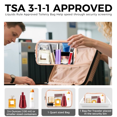 10 Pack Travel Toiletry Bag, Clear Makeup Bag, TSA Approved Cosmetic Bag with Zipper, Clear Organizer Carry on Bag for Women, PVC Cosmetic Pouch for Airport Airline Compliant (Rose Pink, 10 Packs)