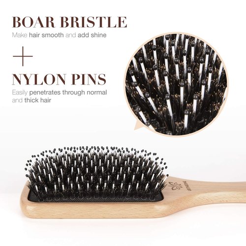 Skiennix Boar Bristle Hair Brush - Smooths Thick, Curly, or Thin Hair | Ideal for Wet & Dry Use