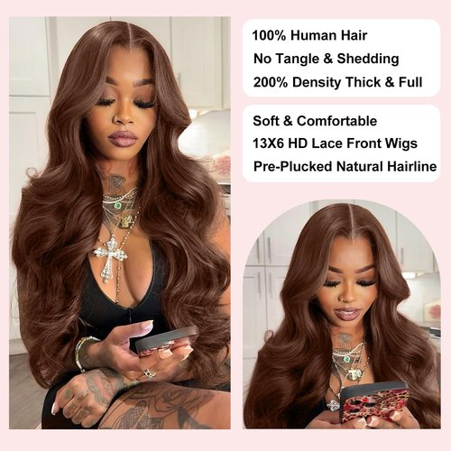 BOSTK 200 Density Chocolate Brown Human Hair Wig 13x6 Hd Lace Front Body Wave Wigs Human Hair Pre Plucked 4# Brown Wigs Human Hair 12 Inch for Women