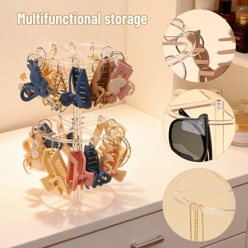 QUPIVA 2-Tier Acrylic Claw Clip Organizer Rack- Large Capacity Hair Claw Clips Holder for Bathroom, Bedroom- Durable Clear Hair Accessories Organizer Storage for Women and Girls