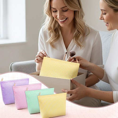 Sanwuta 4 Pcs Seersucker Makeup Bag for Women Stripe Cosmetic Bag Travel Toiletry Organizer Preppy Storage Pouch Valentines Galentines Gifts for Wedding Bridesmaid Mom(Pink, Green, Yellow, Purple)