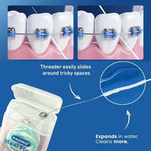 RAZOKO Threader Floss for Braces,Implants,Bridges-130 Count Pre-Measured Strands 2-in-1 Expanding Waxed Dental Floss for Deep Clean,Light Mint Flavored