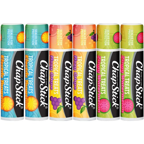ChapStick Lip Care, Tropical Treats Collection (6 Sticks) – Electric Tangerine, Fizzy Grape & Zingy Watermelon Lip Balm, 0.15 Oz Ea
