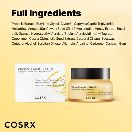 COSRX Full Fit Propolis Light Cream, 2.19 Fl.oz / 65ml, Propolis 64.5%, Hydrating Daily Day and Night Moisturiser, Korean Skin Care, Not Tested on Animals
