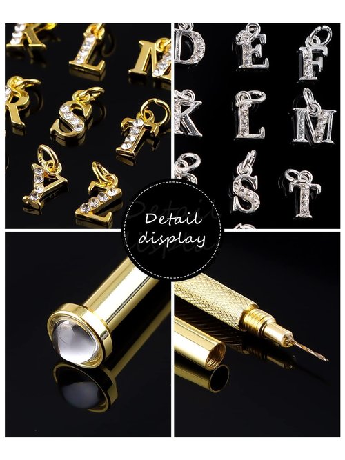 Kalolary Letter Dangle Nail Charm for Valentine's Day, 3D Piercing Alphabet Rhinestone Alloy Jewelry Hoops with Nail Piercing Tool Hand Drill for Birthday Nail Art Decoration