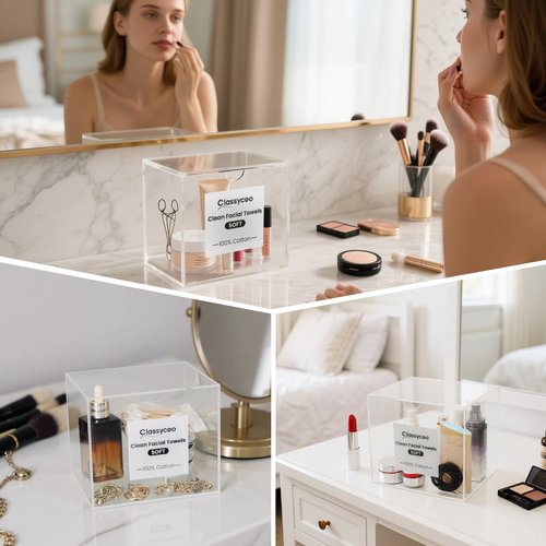 50 PCS Disposable Face Towel Holder, Acrylic Cosmetic Container for Clean Skin Club XL Towel, Makeup Remover Wipes Waterproof Box for Dresser Countertop, Bathroom Storage(Includes Cotton Cloth)