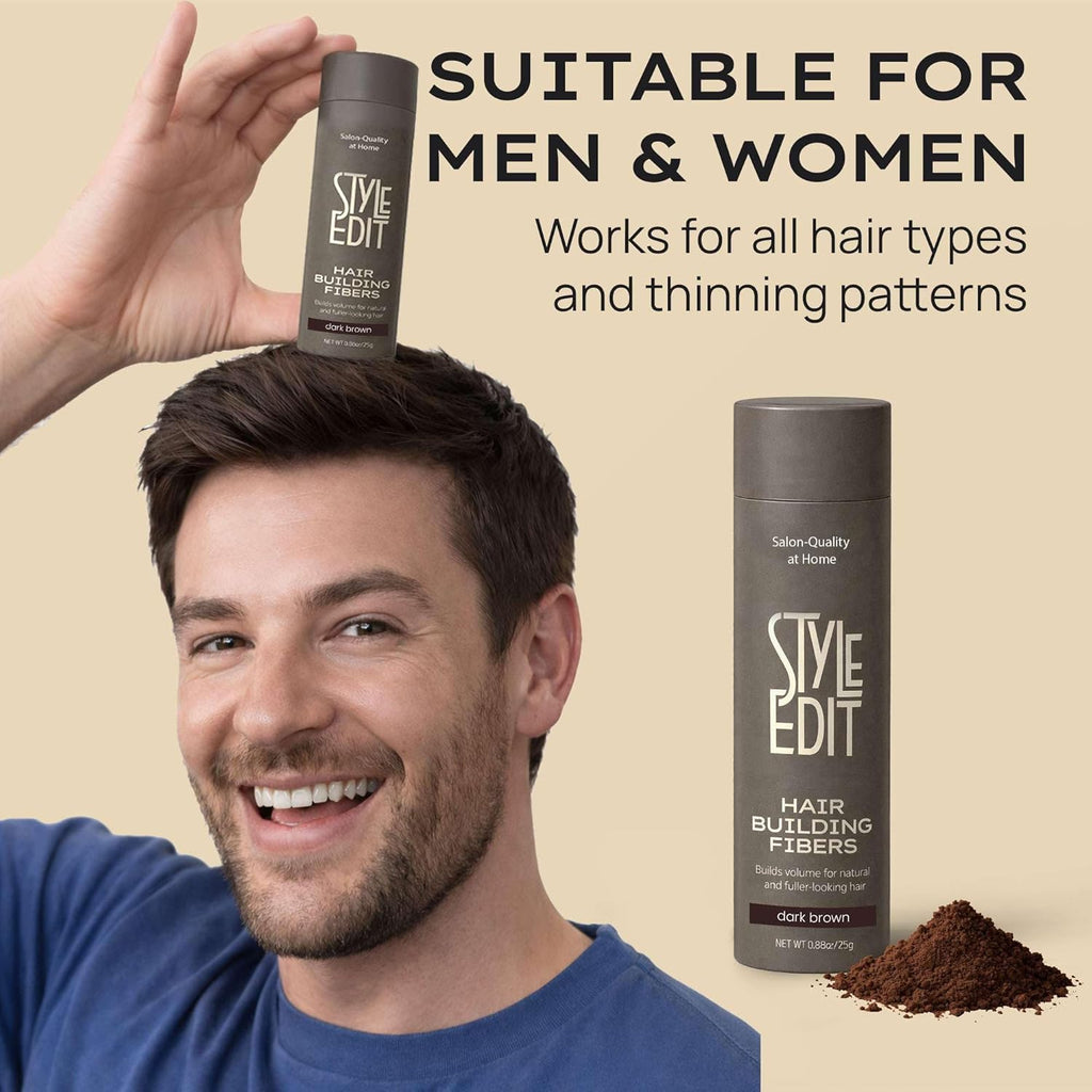 Style Edit Hair Building Fibers - Conceal Thinning Hair & Receding Hairlines | 100% Plant-Based, Dark Brown 0.88oz