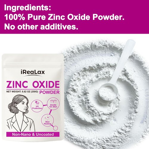 iReaLax Zinc Oxide Powder | 250g(8.82oz) Non Nano Uncoated Zinc Oxide Powder for Skin Protection, Skin Healing, Cosmetics Grade for DIY Sunscreen | lotions | Creams | serums | Deodorant