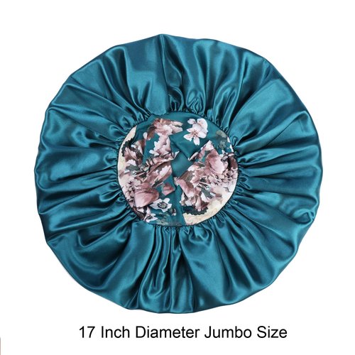 Silk Satin Bonnet Hair Cap: 2pcs 17inch Diameter Extra Large Jumbo Sleeping Satin Bonnets with Comfortable Flower Band - High Density Bonnets for Women Braids Curly Night Cap (Purple & Teal)