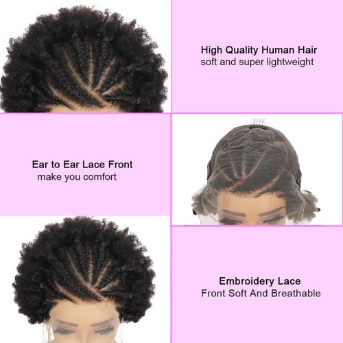 SODLIS Braided Wigs for Black Women 13x6 Lace Front Braideds Wigs Afro Puff Lace Frontal Hair Wig Afro KinkyCurly Human Hair Brazilian Curly Lace Front Wig 6 Inch