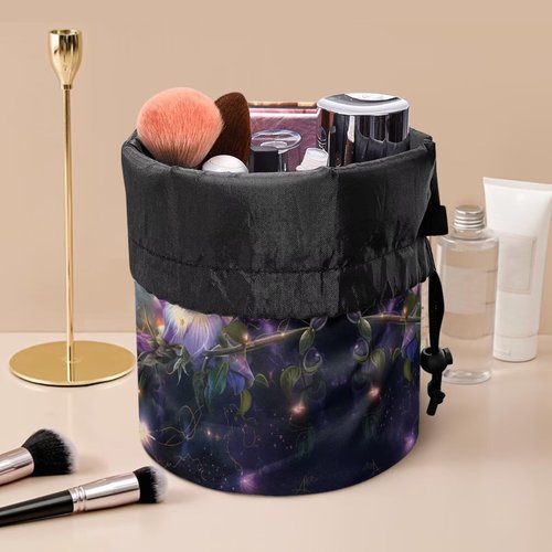 Poceacles Hummingbird Flower Violet Cosmetic Bag for Women, Portable Drawstring Makeup Bag Collapsible Toiletry Barrel Bag Organizer Cosmetic Storage Pocket