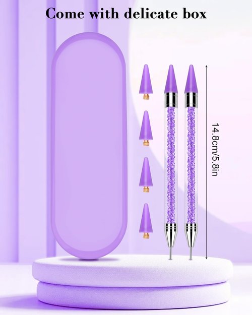 Rolybag Rhinestone Picker Tool, 2PCS Rhinestone Applicator Tool Dotting Wax Pen Dual-Ended with 4PCS Replaceable Wax Tips for DIY Nail Art Tool (Purple)