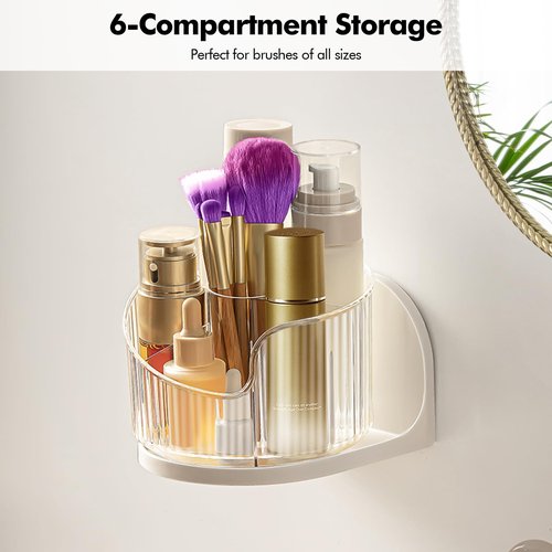 Poeland Wall Mounted Makeup Brushes Organizer, 360 Rotating Makeup Holder with 6 Compartments for Skincare Products, Makeup Brushes
