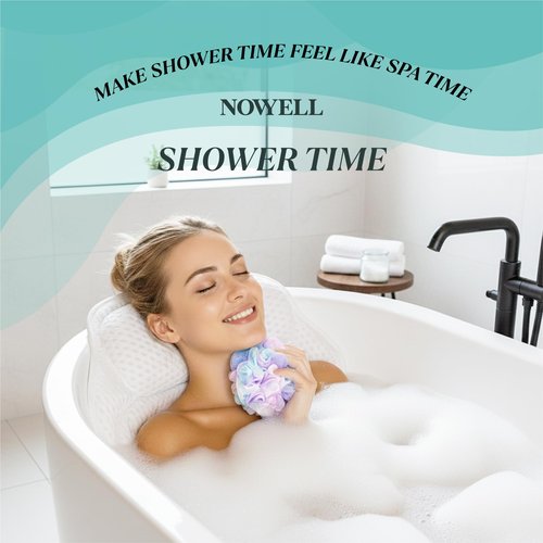 Bathtub Pillow for Head and Neck Support, Bath Pillow for Tub with 6 Suction Cups, Quick Dry Spa Tub Pillow, Bath Back Cushion with Mesh Polyester, Includes Bath Sponge and Wash Bag