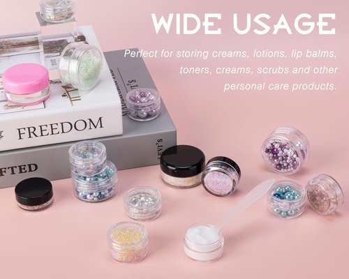 100 Count 5 Gram Sample Containers, Clear Lip Balm Containers with Lids, Small Plastic Sample Jars with 8 Mini Spoons, 100pcs Labels (Pink Lid)