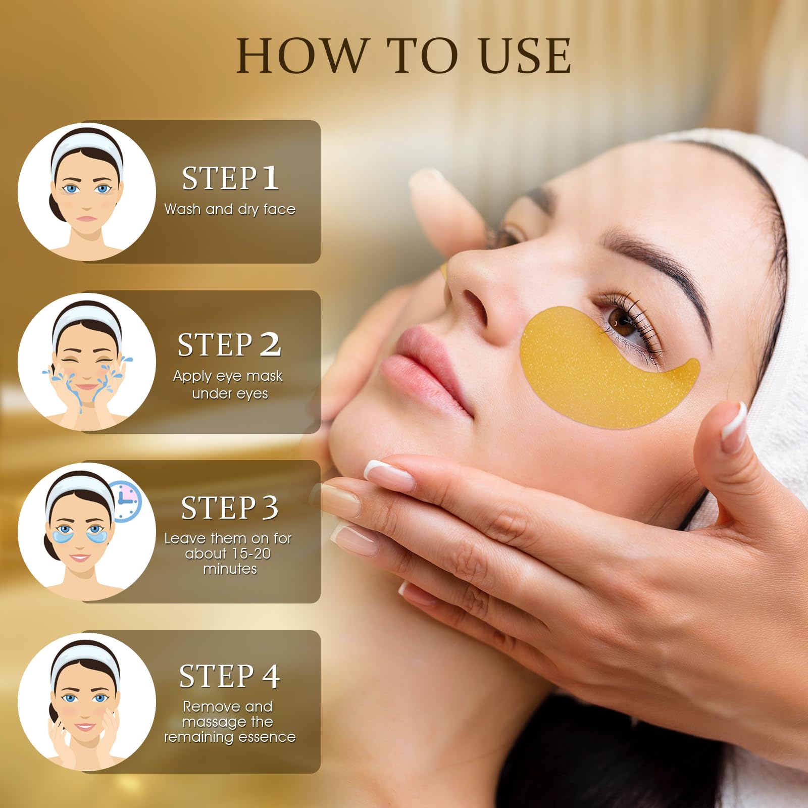 YOYORY Under Eye Patches Masks - 24K Gold Eye Patch for Dark Circles & Puffy Eyesg,Fine Lines,Eye Bags, Wrinkle,Contains Caffeine and Collagen, Hydration for Women and Men, (60 Pcs) Gold