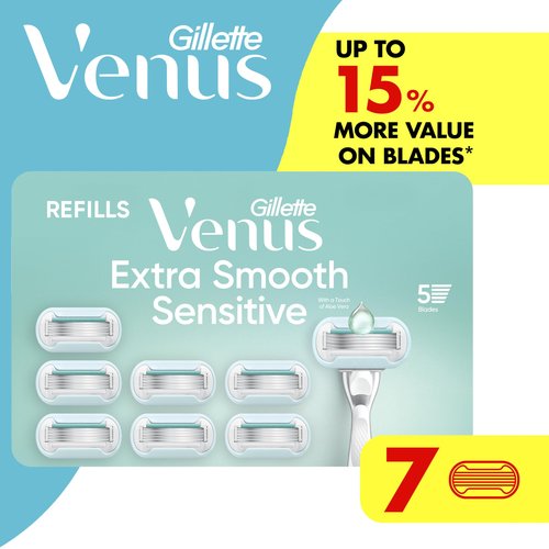 Gillette Venus Extra Smooth Sensitive Women’s Razor Blades for Sensitive Skin, 5-Bladed Razor Refills, 7 Count