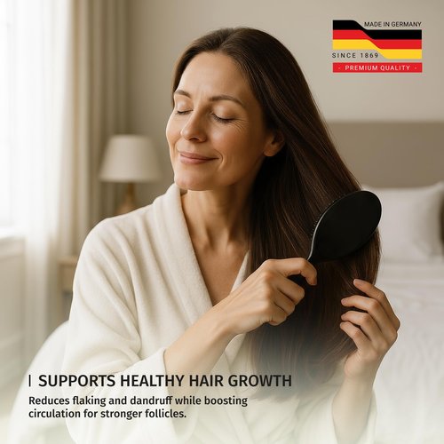 SHASH 100% First Cut Boar Bristle Hair Brush, Suitable For FINE TO THIN HAIR TYPES ONLY - Naturally Conditions Hair, Improves Texture, Exfoliates, Stimulates, Made in Germany (Black, Large)
