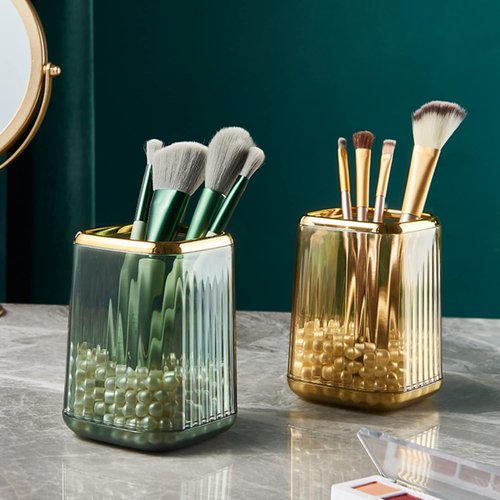 RANNYOZIO 2 Pcs Makeup Brush Holder Green Acrylic Makeup Brushes Organizer Pen Pencil Holder Cosmetic Brush Holder for Vanity Bathroom Decor Valentines Day Gift