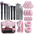 BS-MALL Makeup Brush Set with Waterproof Travel Bag & Makeup sponges -26 Pcs Set Triangle Puff & Face Washing Puffs,Face Wash Headband Wristband for Travel Go Camping Gift & Makeup Beginners (Pink)