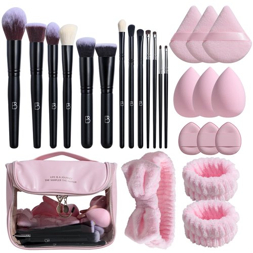 BS-MALL Makeup Brush Set with Waterproof Travel Bag & Makeup sponges -26 Pcs Set Triangle Puff & Face Washing Puffs,Face Wash Headband Wristband for Travel Go Camping Gift & Makeup Beginners (Pink)
