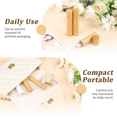 AUHOKY 12Pcs Bamboo Roll on Bottles for Essential Oils, Portable Massage Oil Bottle with Stainless Steel Roller Ball, Reusable Travel Perfumes Sample Lip Gloss Container (1 Opener) (10ML)