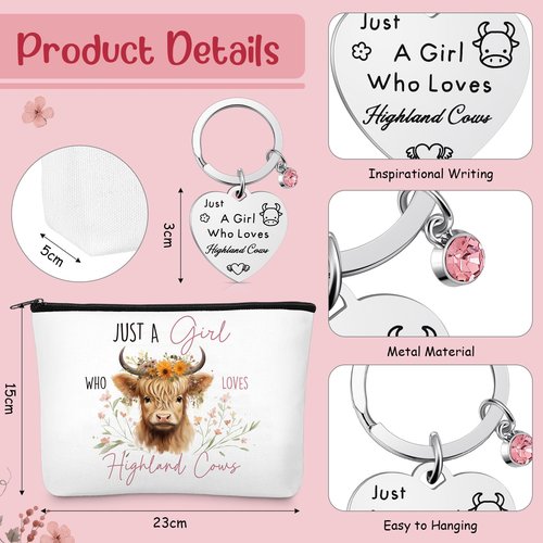 Sinmoe 5 Pcs Highland Cow Gift Set Women Christmas Highland Cow Lovers Stuff Canvas Tote Bag Makeup Bag Keychain Notebook Pen(Pink,Classic)