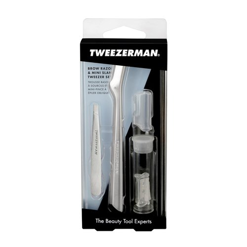 Tweezerman Eyebrow Razor and Mini Tweezer Set with 3 Replacement Blades and Safety Cap (Stainless Steel)