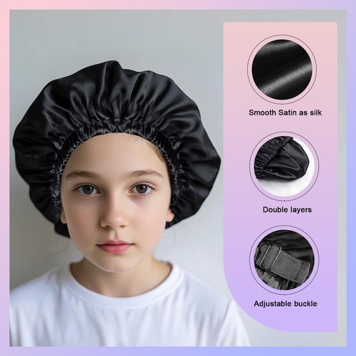 MIAETFH 2PCS Silk Sleeping Bonnet，Double Layer Satin Bonnet for Women，Adjustable Silk Hair Cap, Shower Cap, Ideal Gift (Black+Blue)