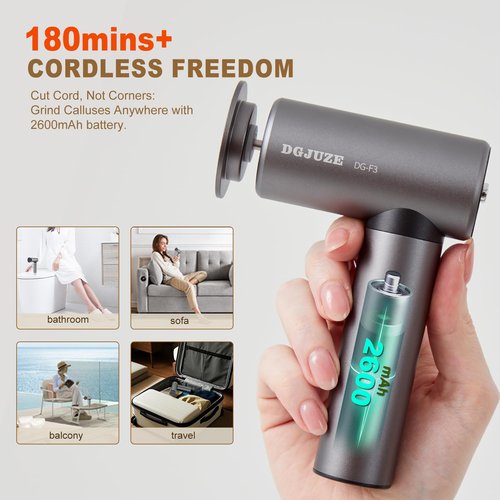 DGJUZE Premium Electric Foot Callus Remover, Ergonomic T-Grip 2600mAh Rechargeable 3-Speeds All Metal Foot File for Dead Skin Cracked Heels Pedicure kit at Home with 60pcs Sandpaper Pads