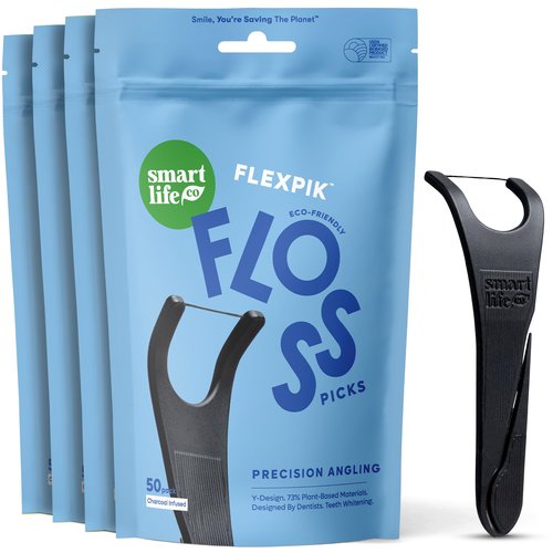 SmartLifeco Eco-Friendly Angled Dental Floss Picks (200ct) - Flossers Made With Straw Wheat Blend, Natural Whitening, Tooth Pick Stick For Adults, Vegan, Bamboo Charcoal Thread For Back Teeth & Molars