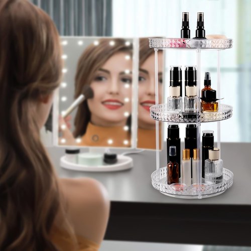 Runivor 360 Clear Rotating Makeup Organize for Vanity,3 Tiers Lazy Susan with Diamond Pattern, Large-Capacity Skincare Organizers Cosmetic Display Case Organizer for Dresser (Clear White, 3Tiers)