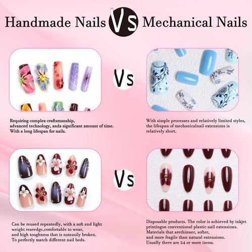 Thick Press on Nails Handmade Medium Duck Nails Pink Fake Nails 3D Flower Art False Nail with Gems Design Luxury Rhinestone Nature Reusable Acrylic Nail for Wome (Size M)