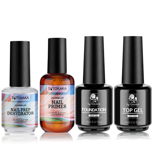 SUTOKAKA 4Pcs 15ml No Wipe Top and Base Coat Set with Nail Dehydrator and Primer X-Strength for Gel Polish Long Lasting Nail Bonding Strengthening Kit for Women