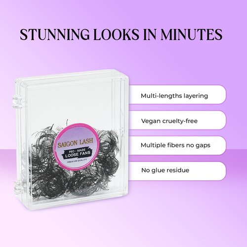 SAIGON LASH 500 pcs Narrow Promade Loose Fans – 10D Volume 0.07 C Curl, 8–19 mm Mixed Length, Matte Black Handmade Lash Extensions, Thick Wispy Lashes for Pros (Black-D-0.03-13mm)