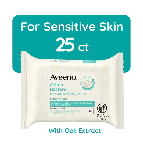 Aveeno Sensitive Skin Essentials Gift Set with Daily Moisturizing Lotion, Body Wash, Calm + Restore Makeup Removing Wipes, & Skin Relief Repairing Hand Mask, 4 Items