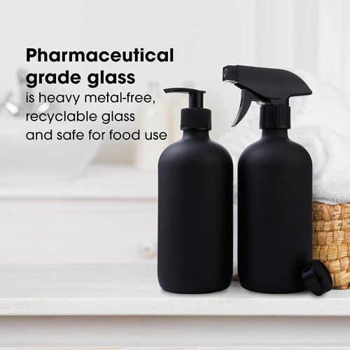 Boston Round Glass Bottles - 16oz Reusable Spray & Soap Dispenser Set of 2 | Black