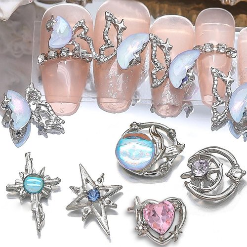 16 Styles Luxury Moon Star Nail Charms for Acrylic Nails Alloy Rhinestone Star Moon Nail Art Charms 3D Bow Butterfly Silver Nail Charms Y2k Nail Accessories Metal Nail Jewels for Nail Art Supplies