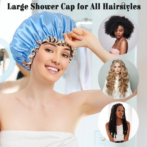 choshion Shower Cap Reusable Waterproof, Large Shower Cap for Women, Shower Caps for Braids Long Hair, Double Layer Satin Plastic Hair Cap for Shower