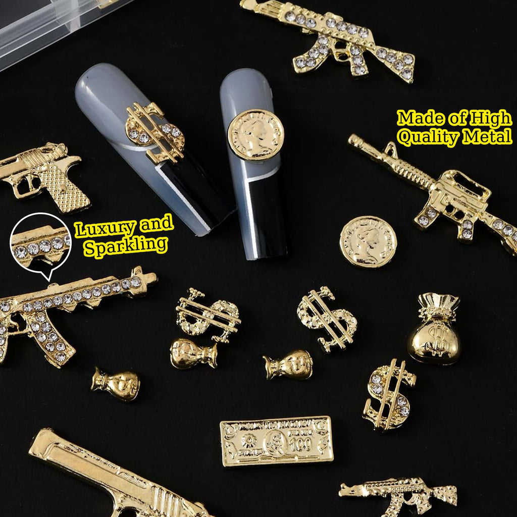 ZUMILLMN 62PCS 3D Nail Charms for Alloy Nails,Set Nail Art Decoration with Gold Dollar, Gun, and Coin,Nail Stones and Jewels Accessories for Nail Supplies Manicure Craft DIY(Gold)